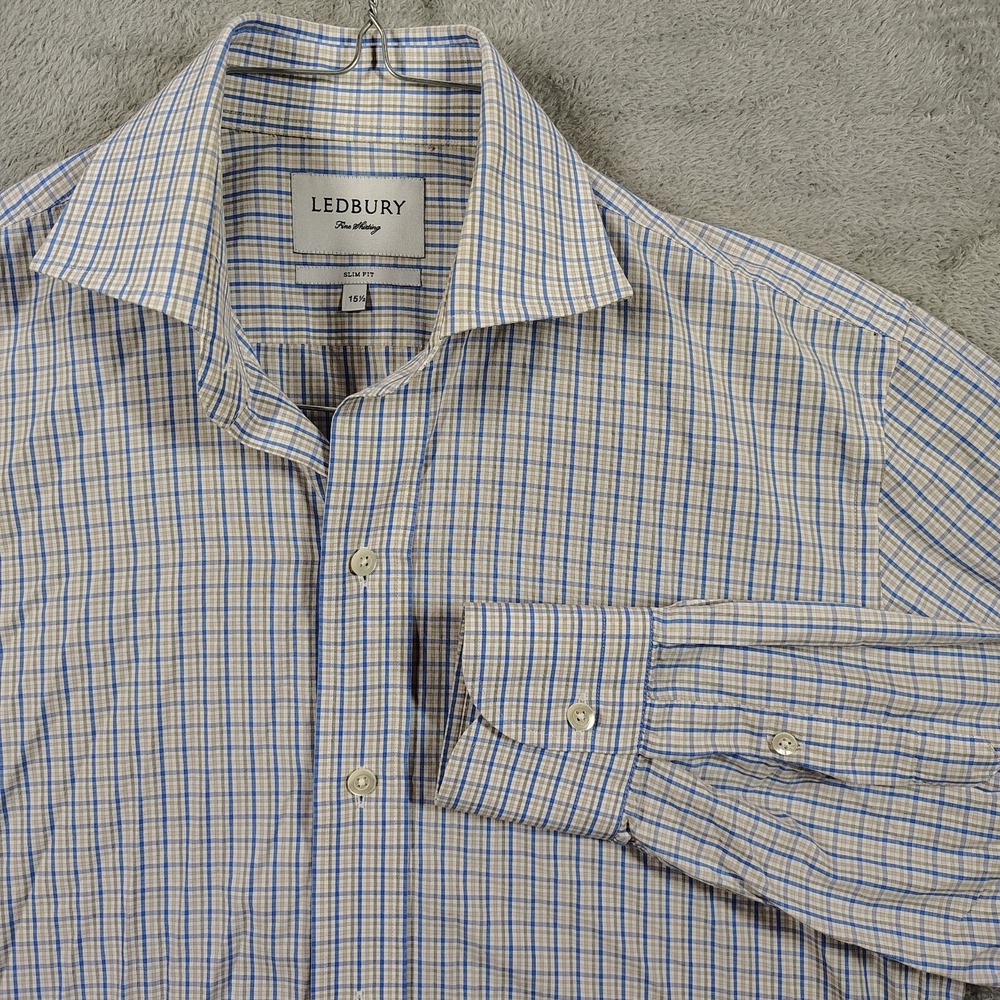 Ledbury‎ Men Long Sleeve slim fit Blue White Check Dress Shirt 15 1/2